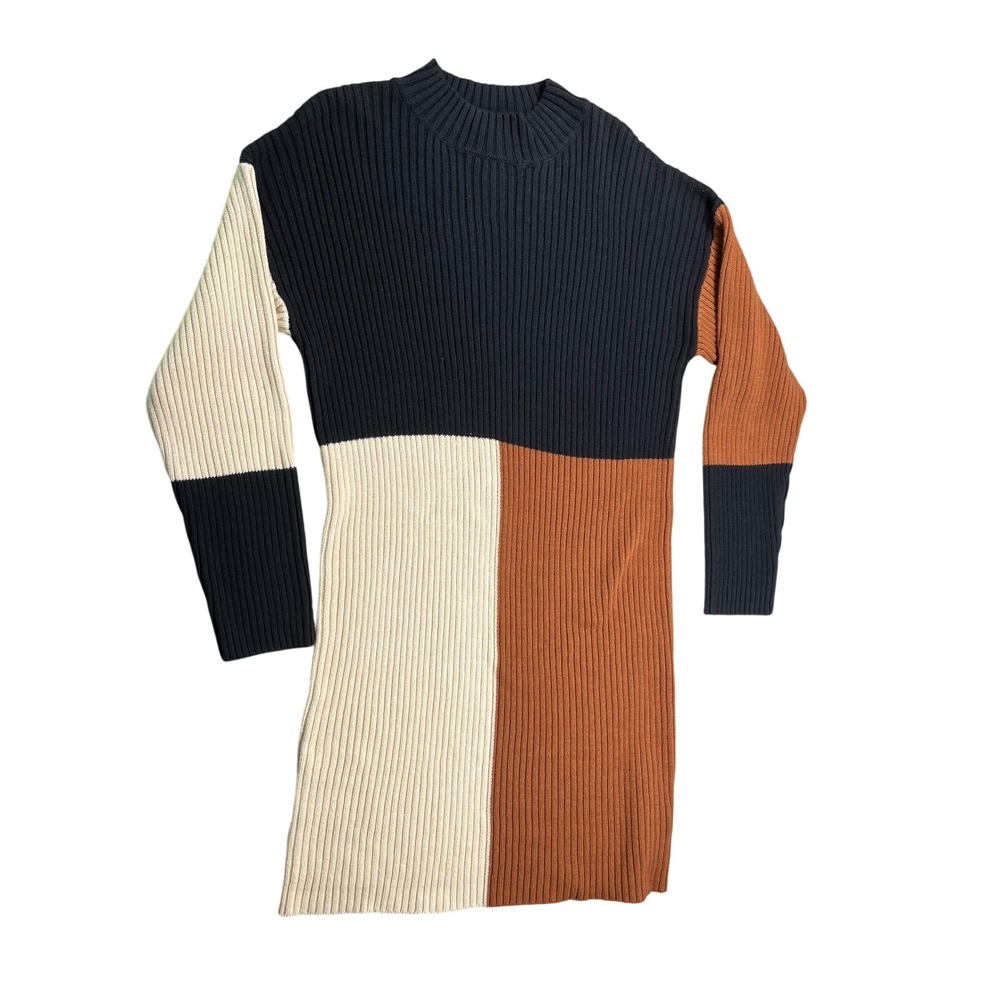 Andrée by Unit Colorblock Rib Knit Sweater Dress Large Mock Neck Midi